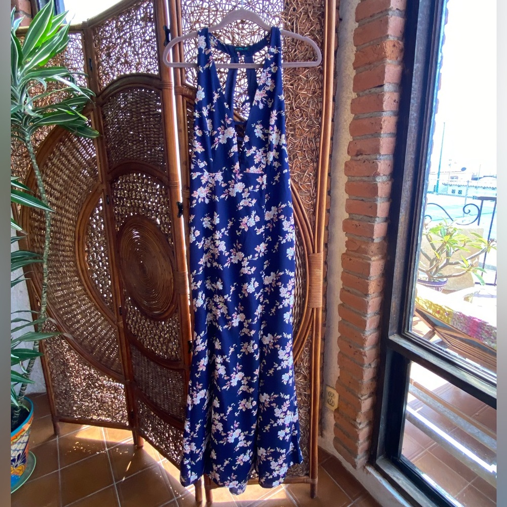 Cals Maxi Blue Floral Dress Cutout Side Slit Side Zipper Backless